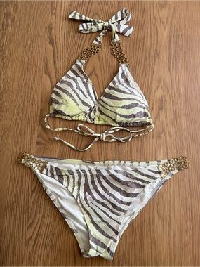L*Space Gold Tone Chain Zebra Print Triangle Bikini - Neon and Charcoal